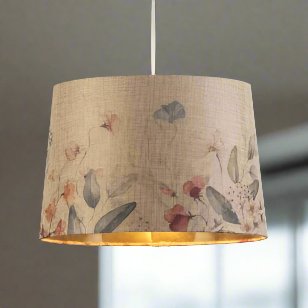 14" Drum Shade with Gold Inner – Floral, Leaves & Rose Designs | Ceiling Pendant or Lamp