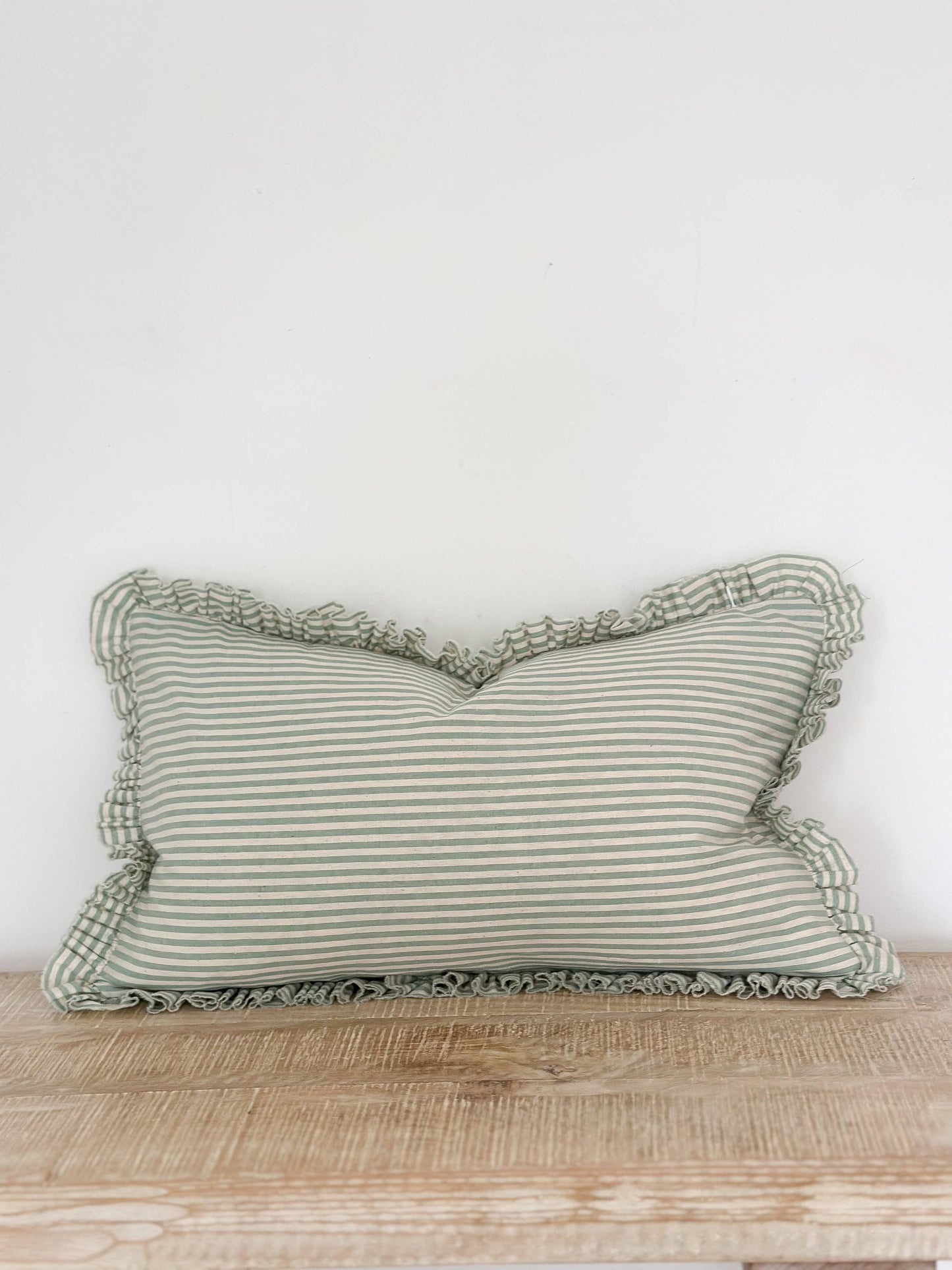 Sage Green Ruffled Cushion – 50 x 30 cm (Feather Pad Included)
