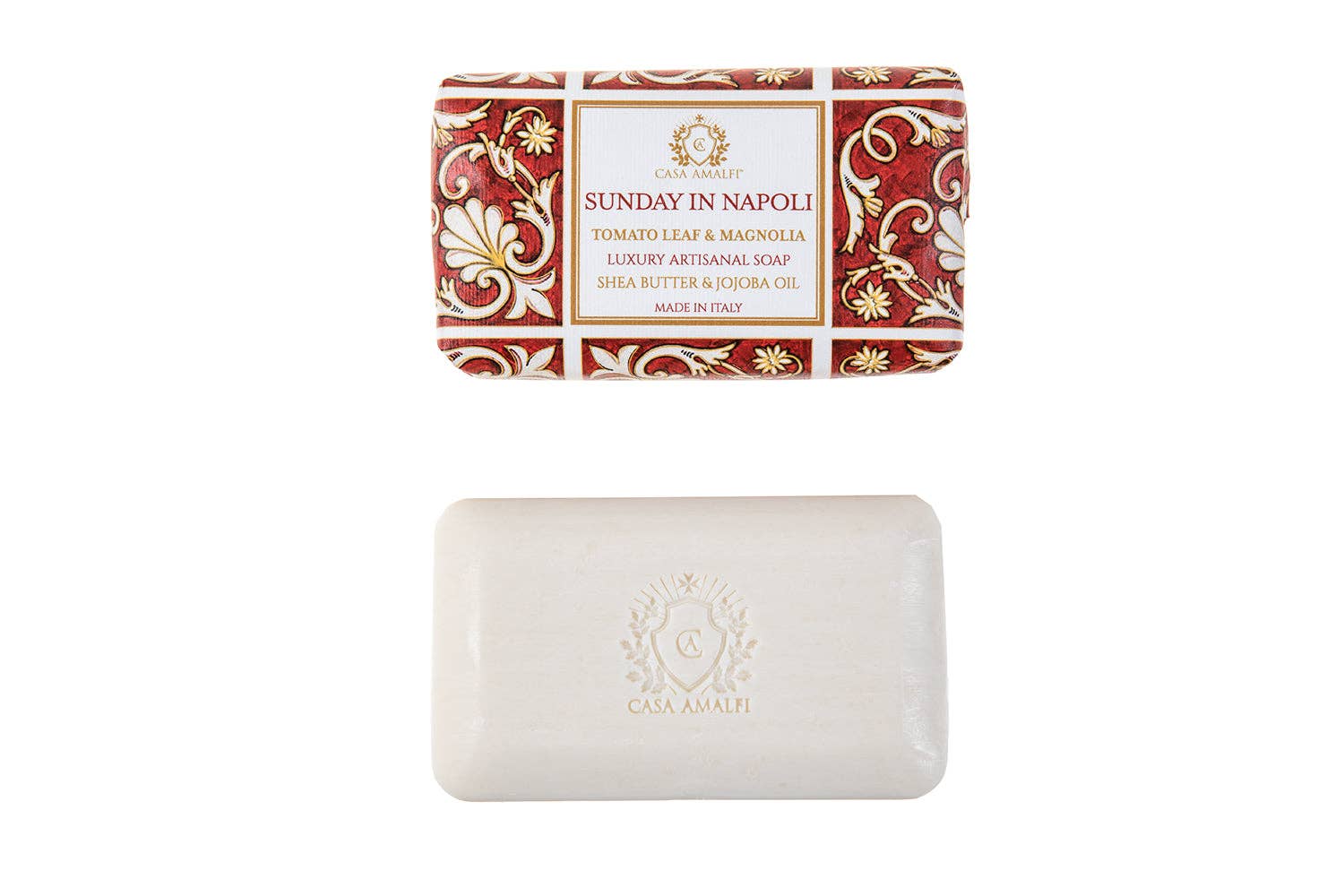 Bar of soap with decorative packaging on a white background
