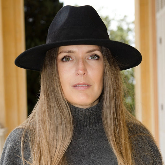 Black Wool Wide Brim Hat with Large Suede Leather Band – Stylish & Durable