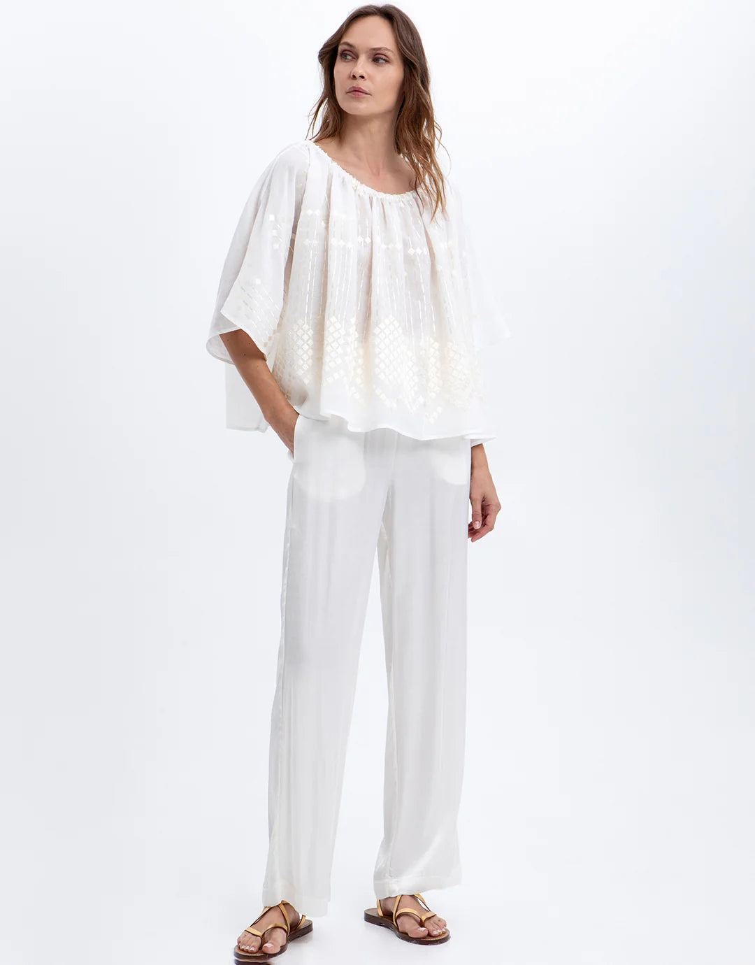 Grape Embroidered Linen Top – White & Champagne | Greek Archaic Kori