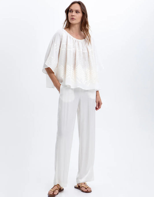 Grape Embroidered Linen Top – White & Champagne | Greek Archaic Kori