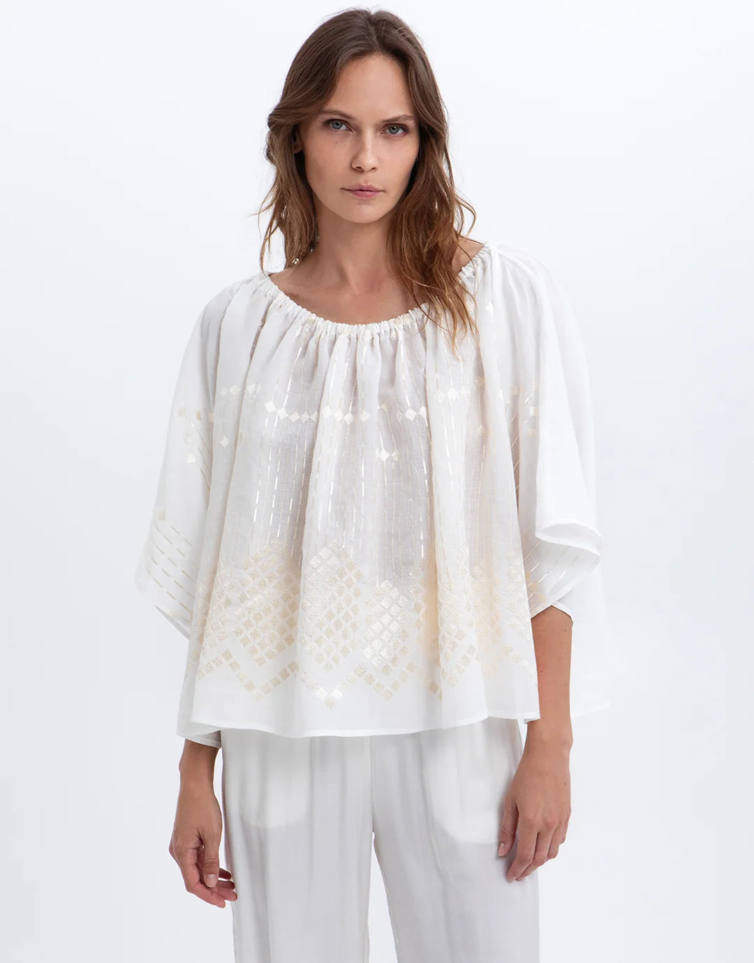 Grape Embroidered Linen Top – White & Champagne | Greek Archaic Kori