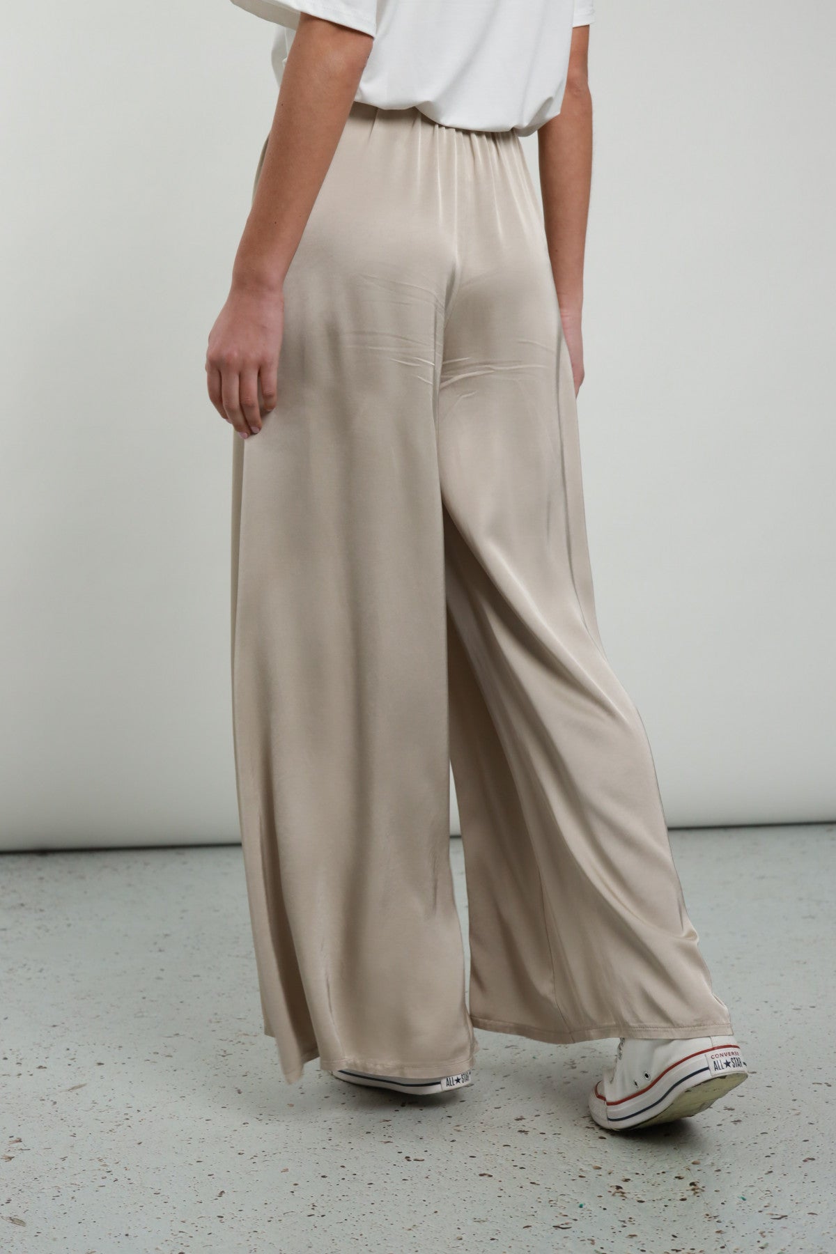 Wide Satin Effect Trousers with Elastic Waist – Latte