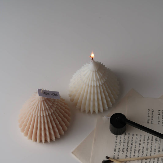 Two shell-shaped candles on a white surface with a book and pen.