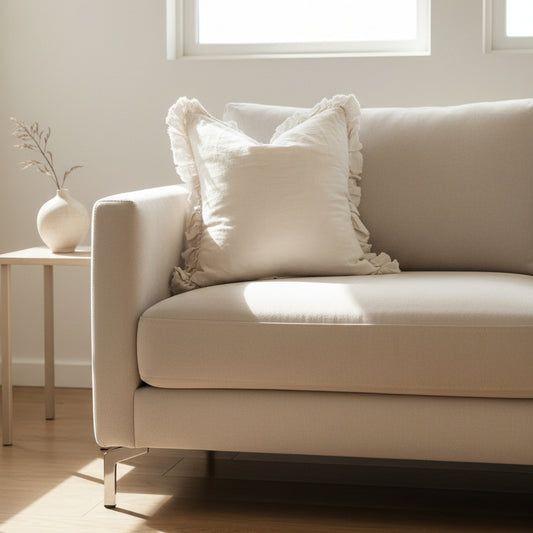 Cream Stonewashed Linen Cushion – Ruffled Edge, 53cm