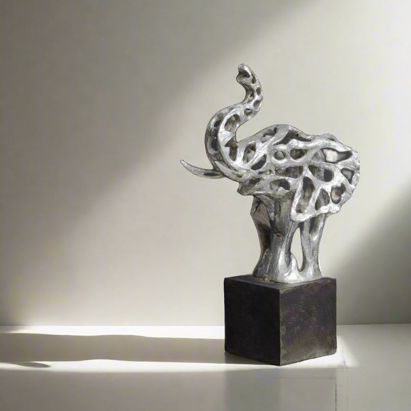 Silver Elephant Head Sculpture on Black Plinth – Contemporary Resin Artwork