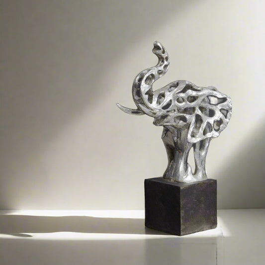 Silver Elephant Head Sculpture on Black Plinth – Contemporary Resin Artwork