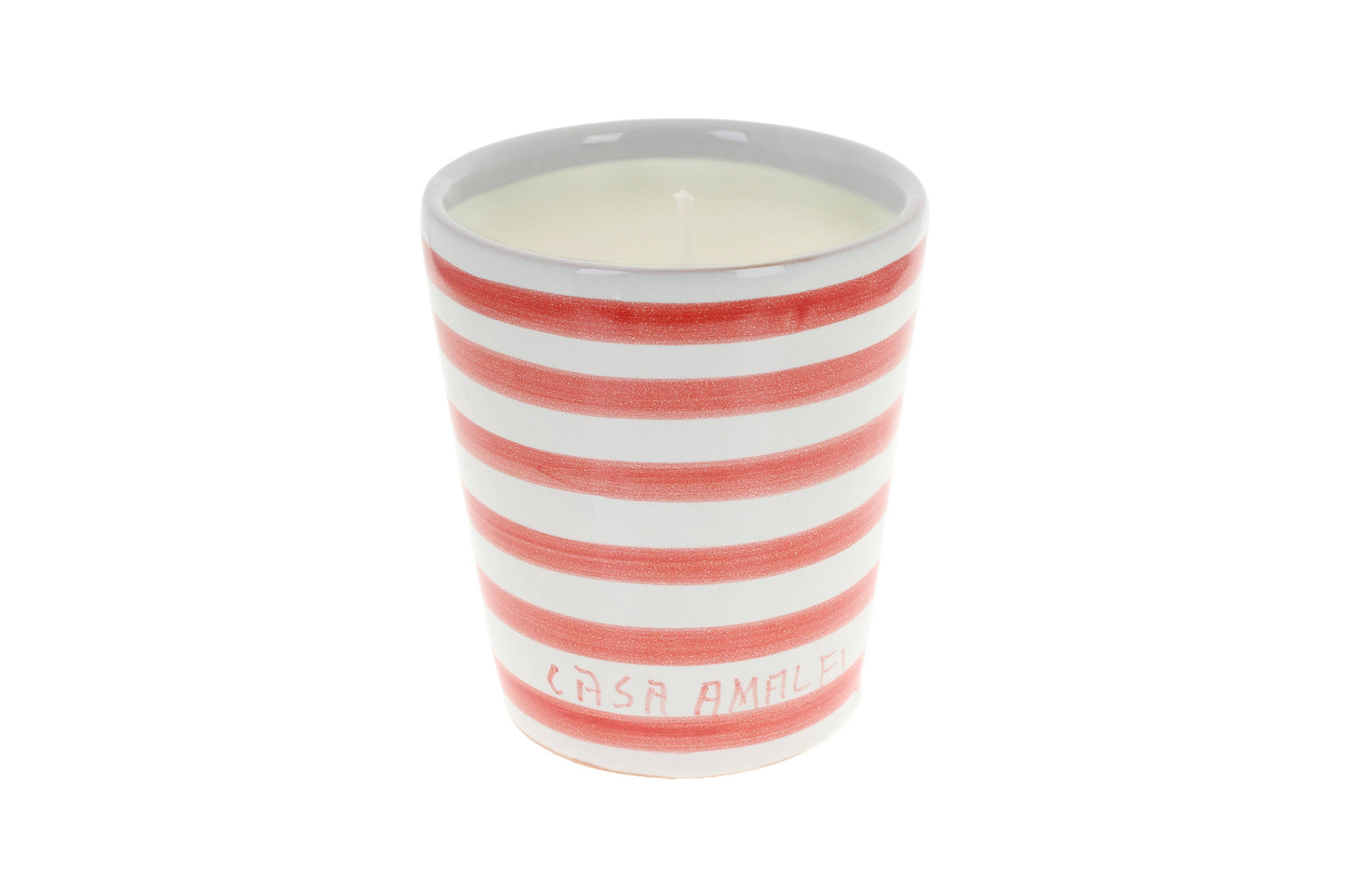 Striped candle in a glass container with 'Casa' branding on a white background