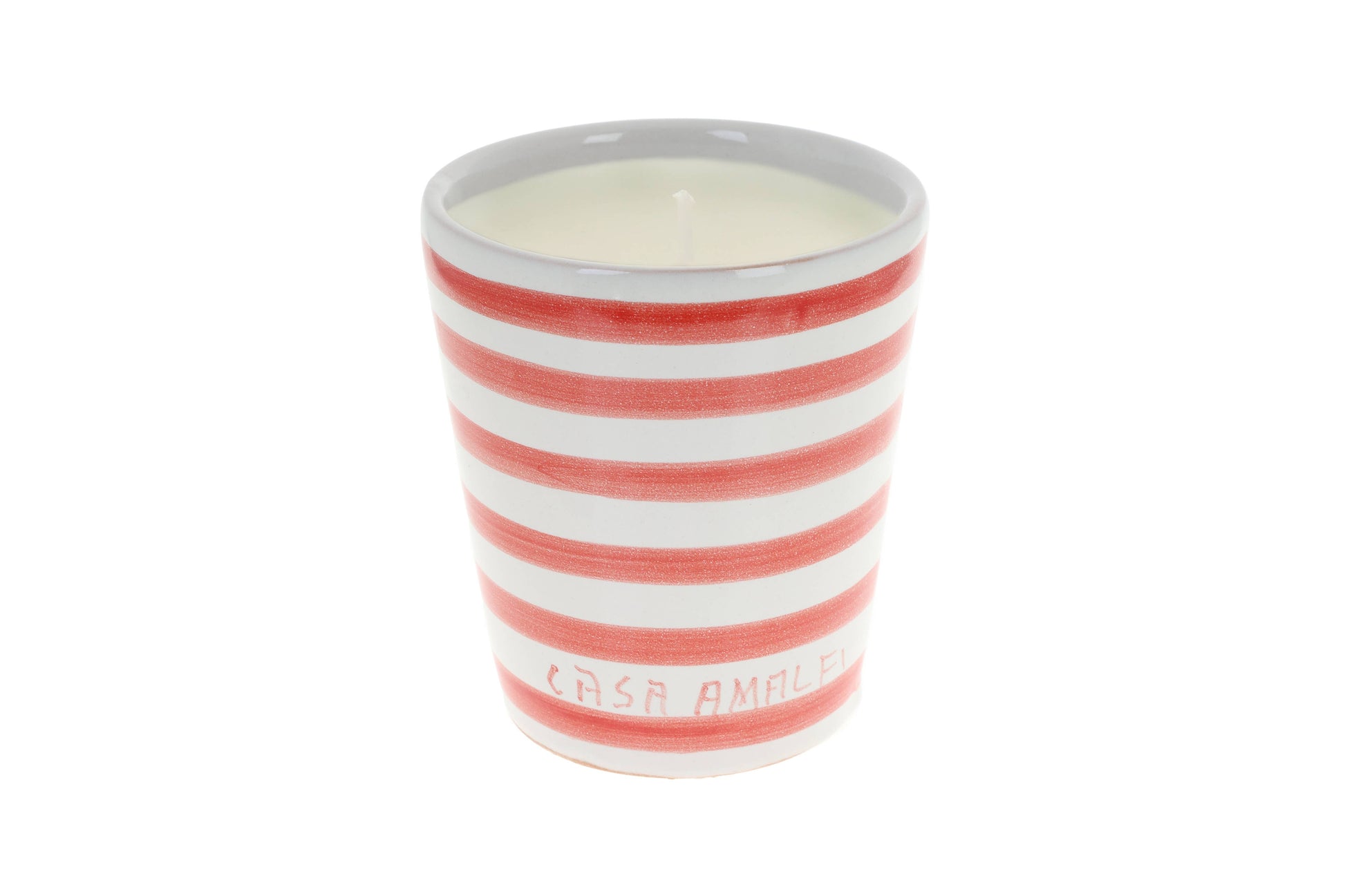 Striped candle in a glass container with 'Casa' branding on a white background