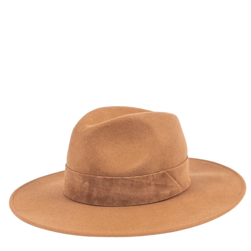 Camel Wool Wide Brim Hat with Large Suede Leather Band – Stylish & Durable