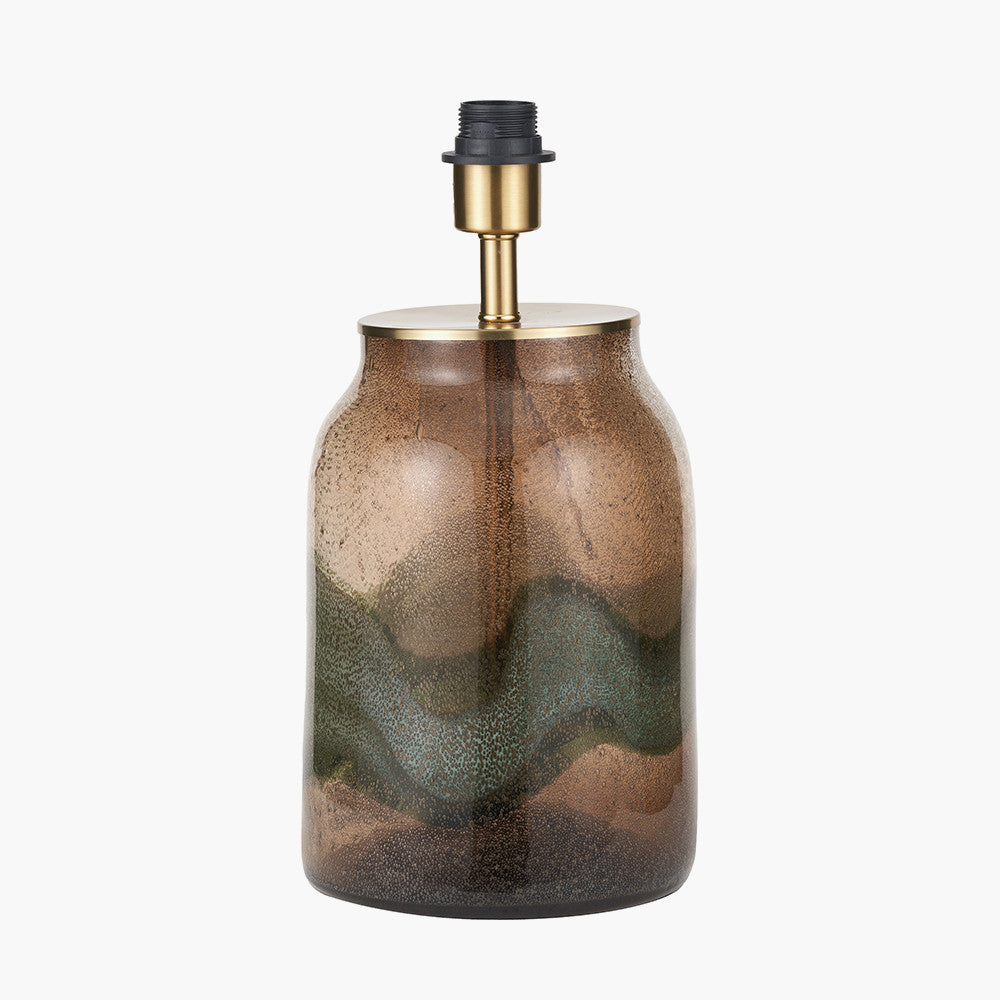 Decorative lamp with a brown and green glass base on a white background