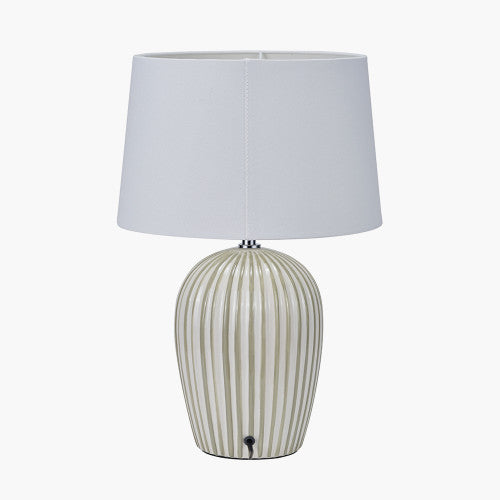 Sage & White Striped Ceramic Table Lamp with White Cotton Shade