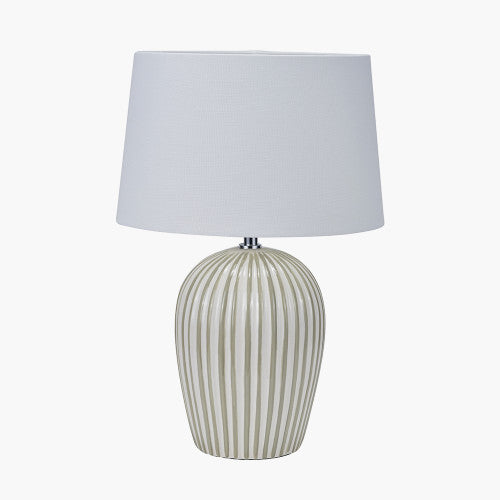 Sage & White Striped Ceramic Table Lamp with White Cotton Shade