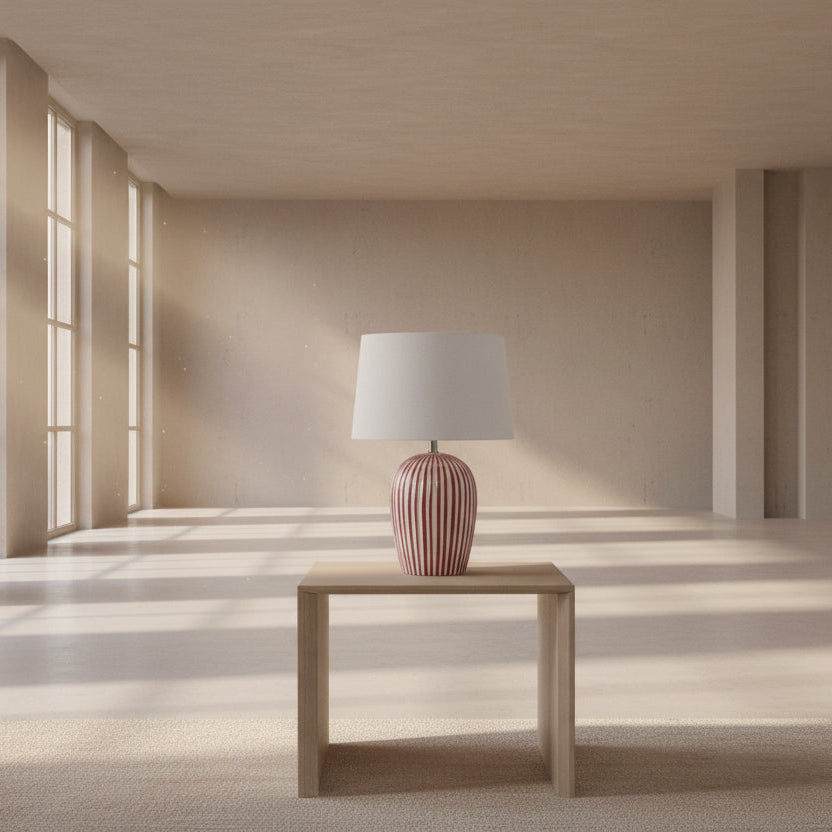 Mulberry & White Striped Ceramic Table Lamp with White Cotton Shade