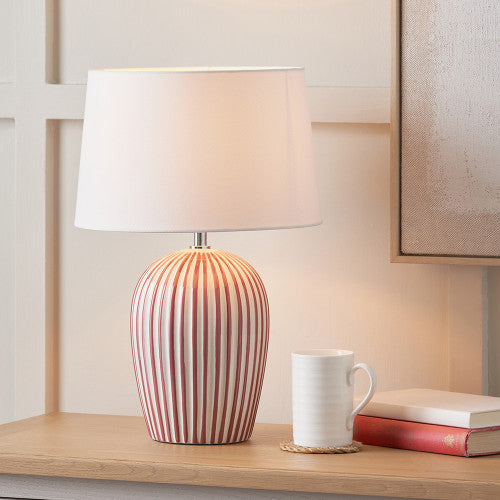 Mulberry & White Striped Ceramic Table Lamp with White Cotton Shade