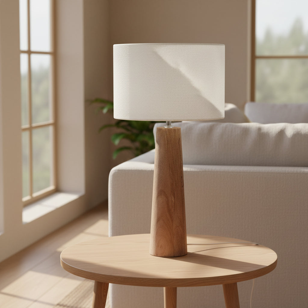Table lamp with wooden base and white fabric shade on a white background