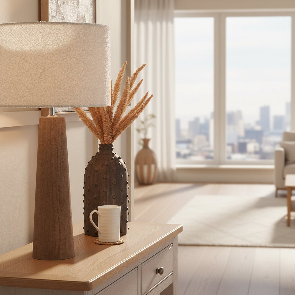 Wooden lamp, textured vase with dried plants, and white mug on a wooden surface.