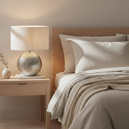 Silver metallic table lamp with hammered ceramic base and matching silver taffeta oval shade on a modern side table.