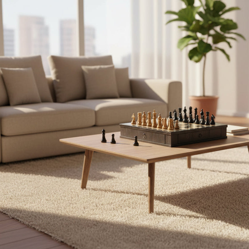 Wooden chess set with black and brown pieces on a checkered board