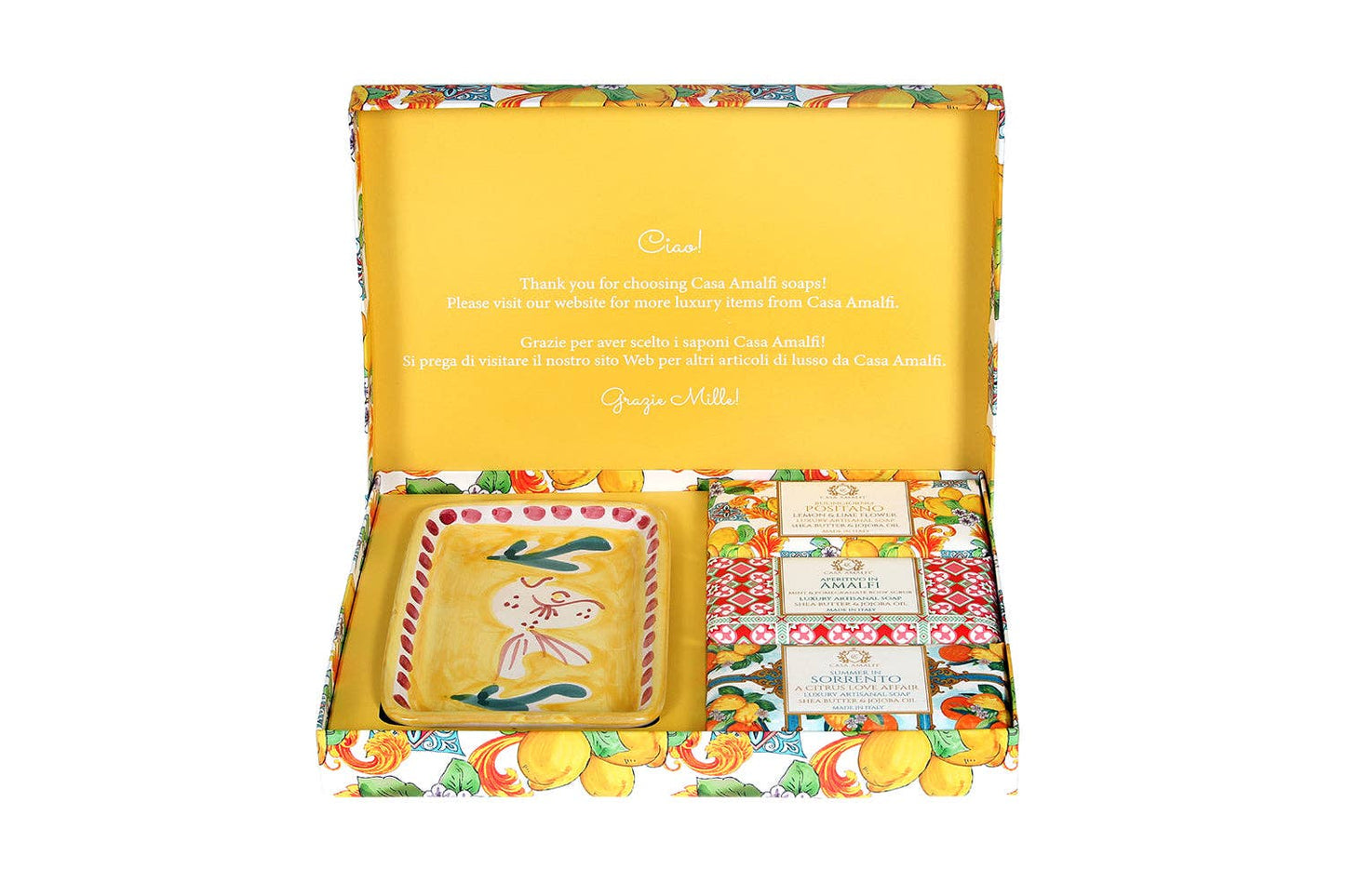 Exclusive Maiolica gift box containing three Italian soaps and a blue and yellow hand-painted ceramic soap dish from the Amalfi Coast.