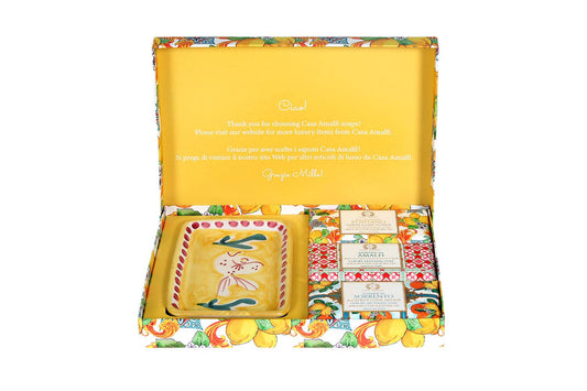 Exclusive Maiolica gift box containing three Italian soaps and a blue and yellow hand-painted ceramic soap dish from the Amalfi Coast.