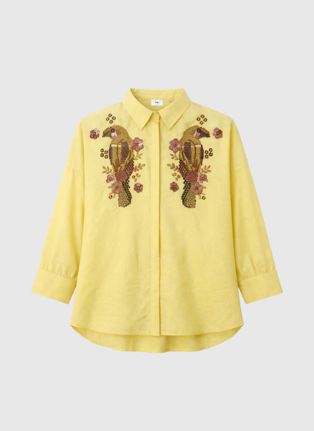 Yellow Cotton Sequin Embroidered Shirt by An'ge