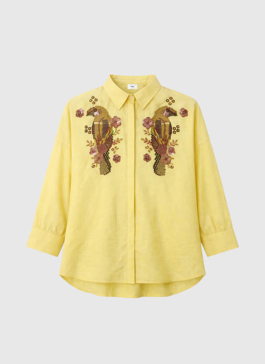 Yellow Cotton Sequin Embroidered Shirt by An'ge