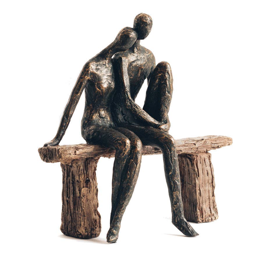 Couple on Bench Sculpture – Bronze & Wood Effect | Luxury Contemporary Home Décor
