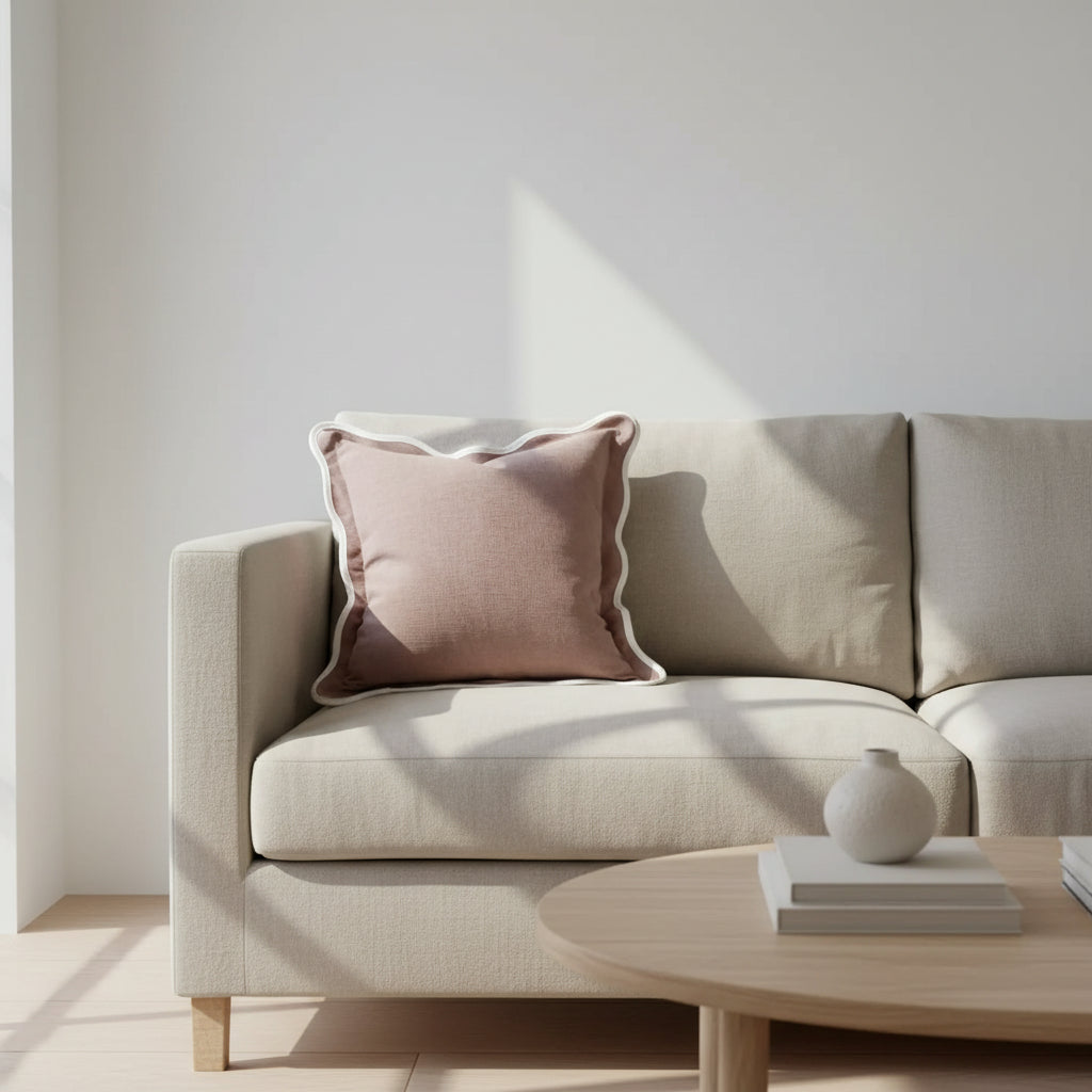A large 65cm square cushion in dusty pink with a wavy scalloped edge detail on a contemporary bed set.