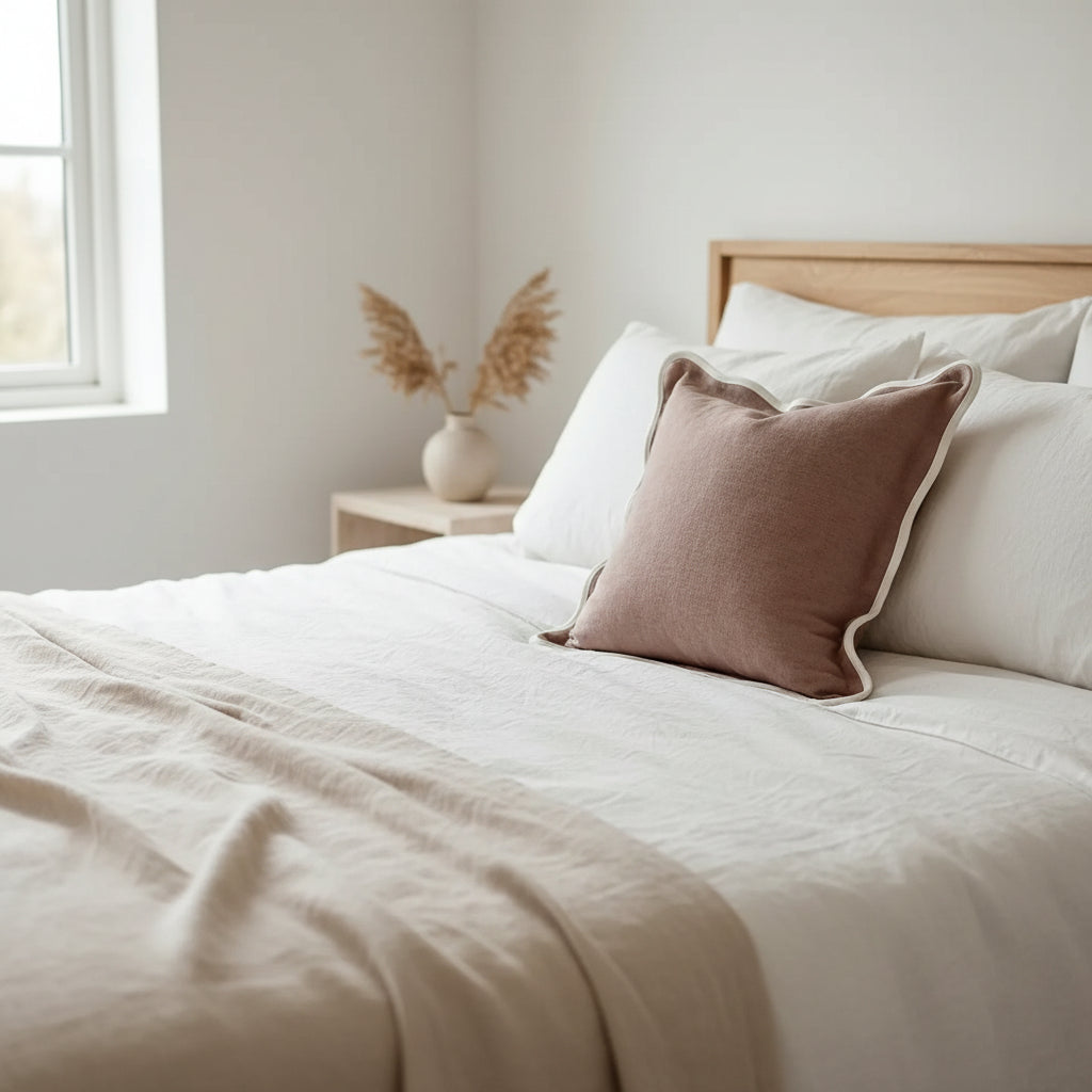 A large 65cm square cushion in dusty pink with a wavy scalloped edge detail on a contemporary bed set.
