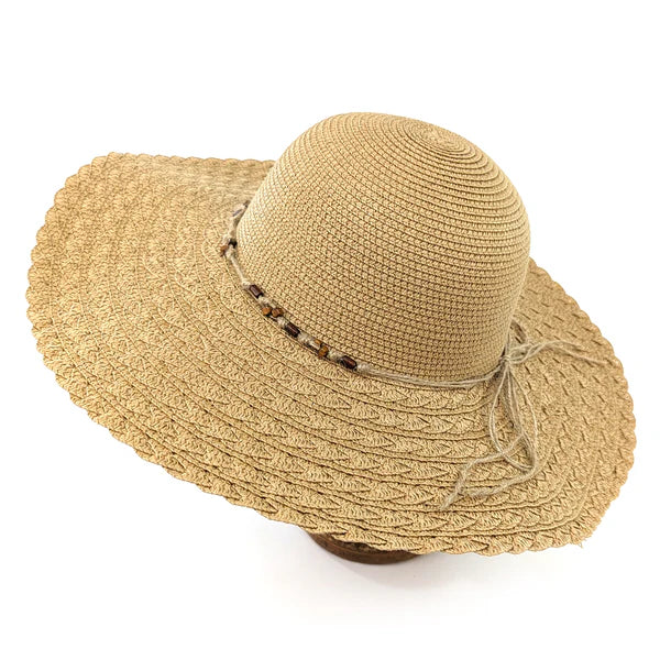 Folding Wide-Brim Travel Sun Hat – Dark Natural | Beaded Band Paper Straw Hat
