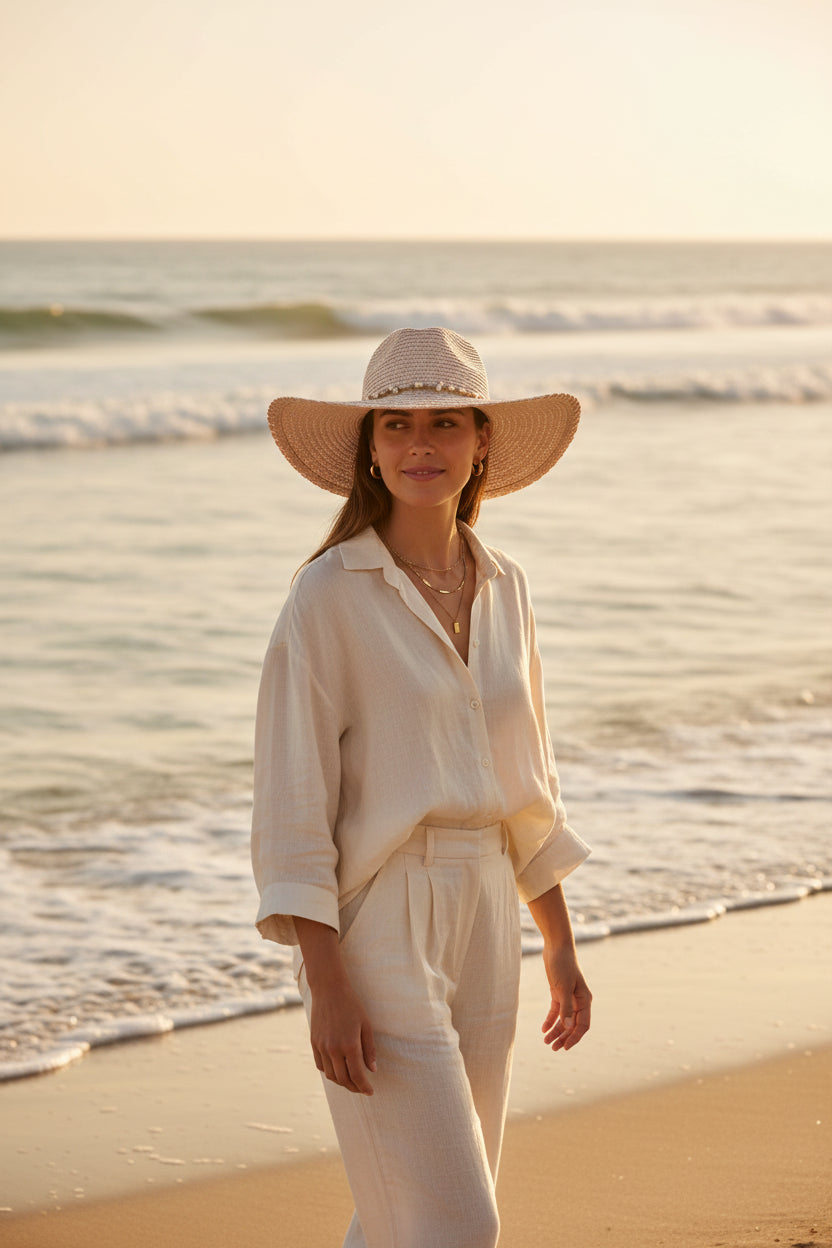 Beige straw hat with decorative elements on a white background