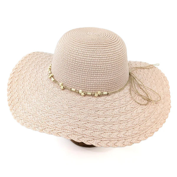 Folding Wide-Brim Travel Sun Hat – Pink | Beaded Band Paper Straw Hat