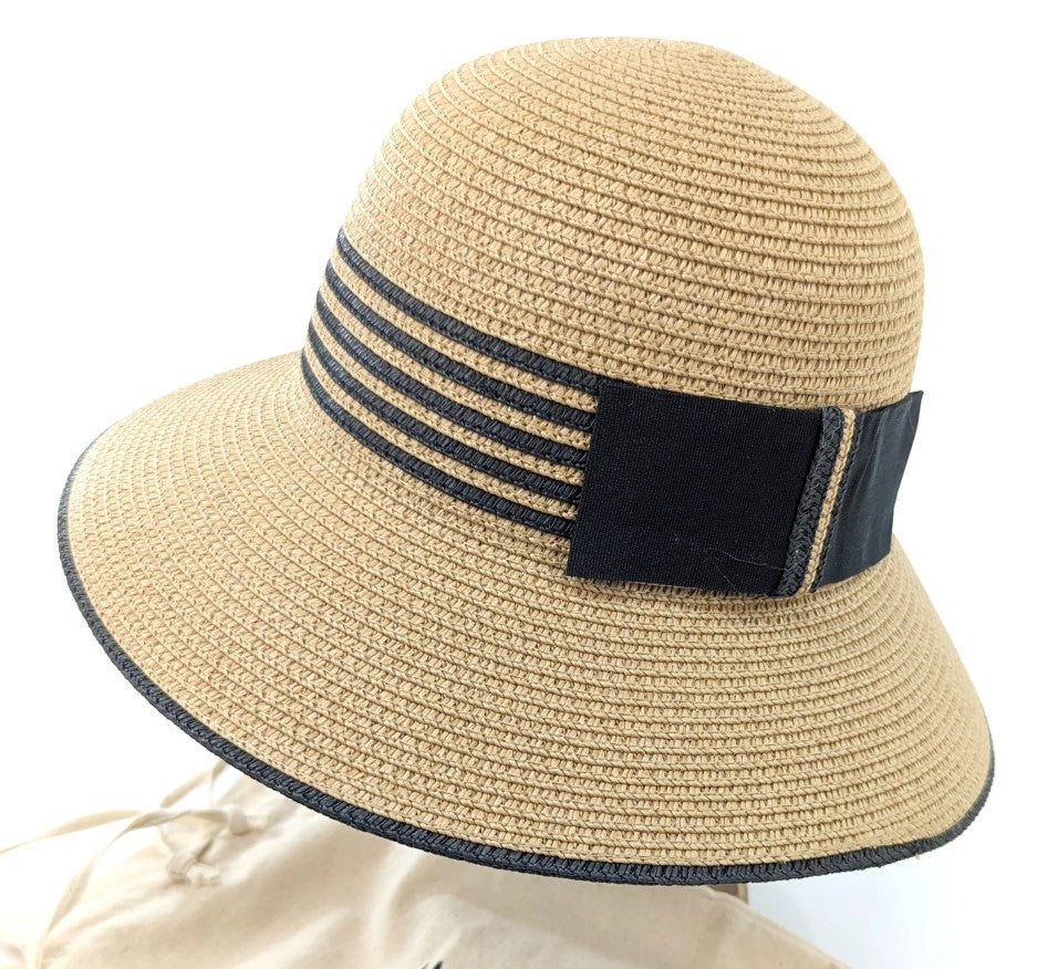 Foldable Cloche Travel Sun Hat – Natural Tan with Black Striped Band (57 cm)