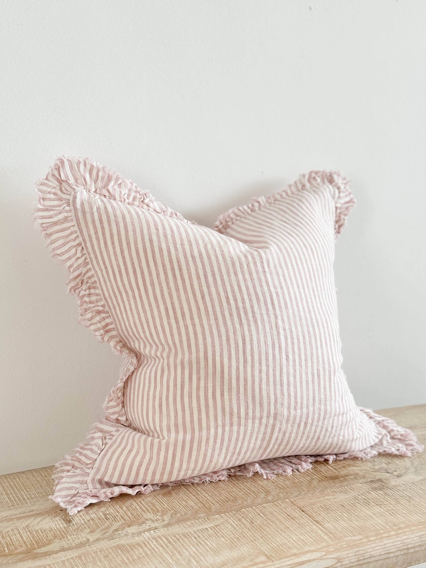 Pink Stripe Stonewashed Linen Cushion Cover – Ruffled Edge, 45cm