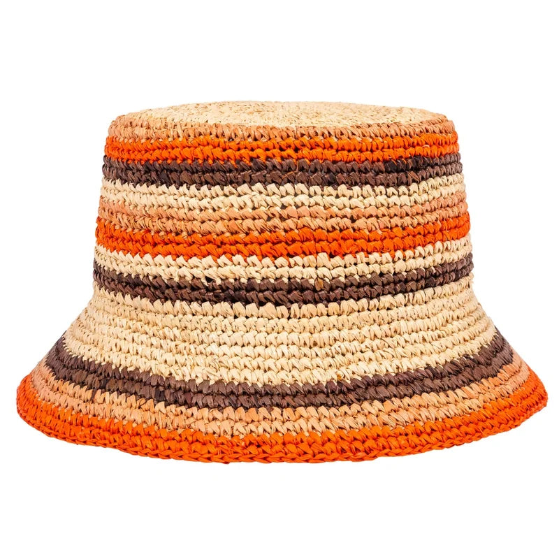 Checkerboard Raffia Bucket Hat – Orange & Brown | Luxury Handwoven Sun Hat