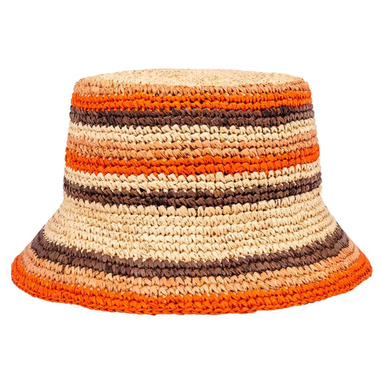 Checkerboard Raffia Bucket Hat – Orange & Brown | Luxury Handwoven Sun Hat