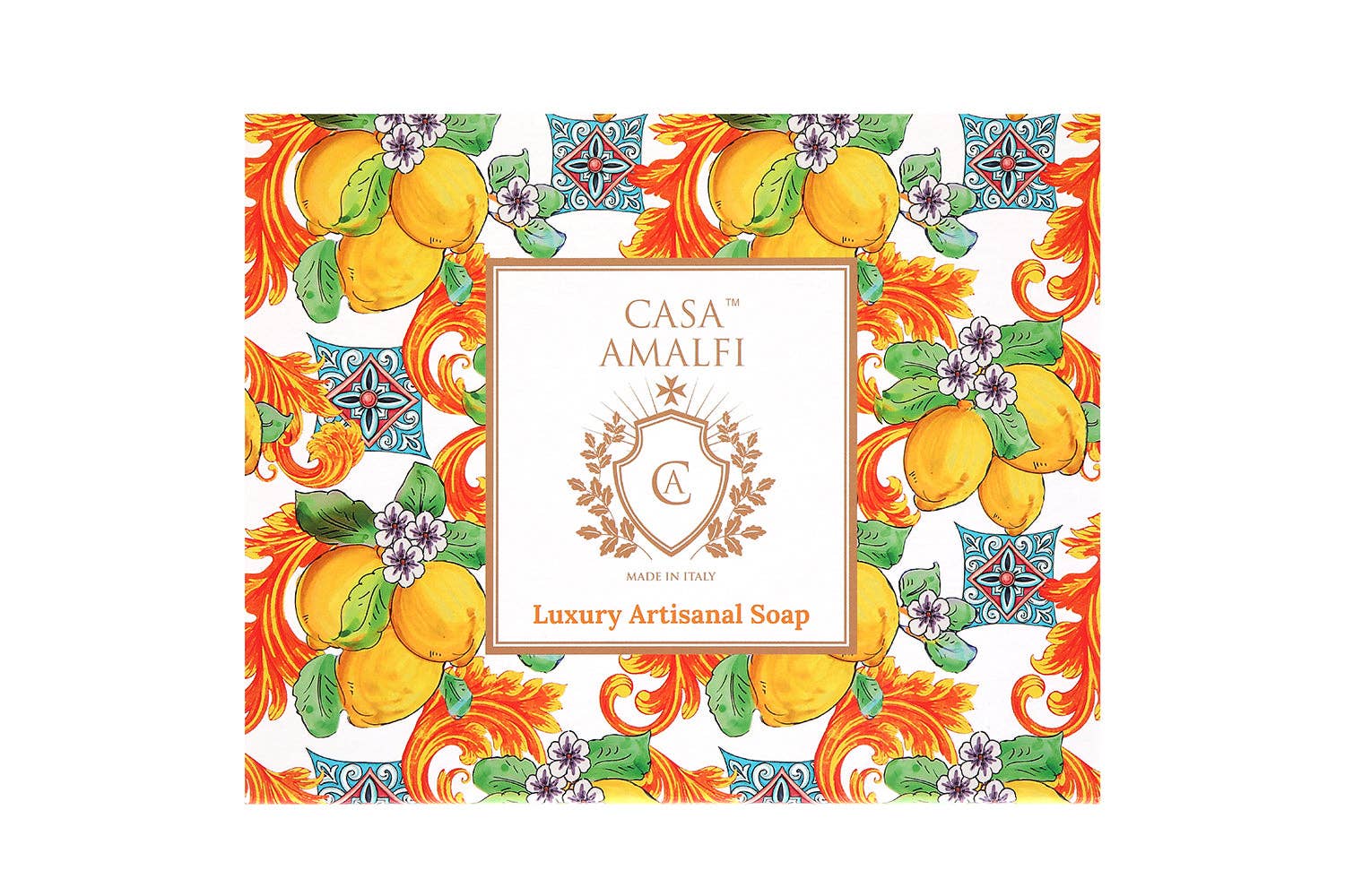 Casa Amalfi soap packaging with lemon design and decorative border