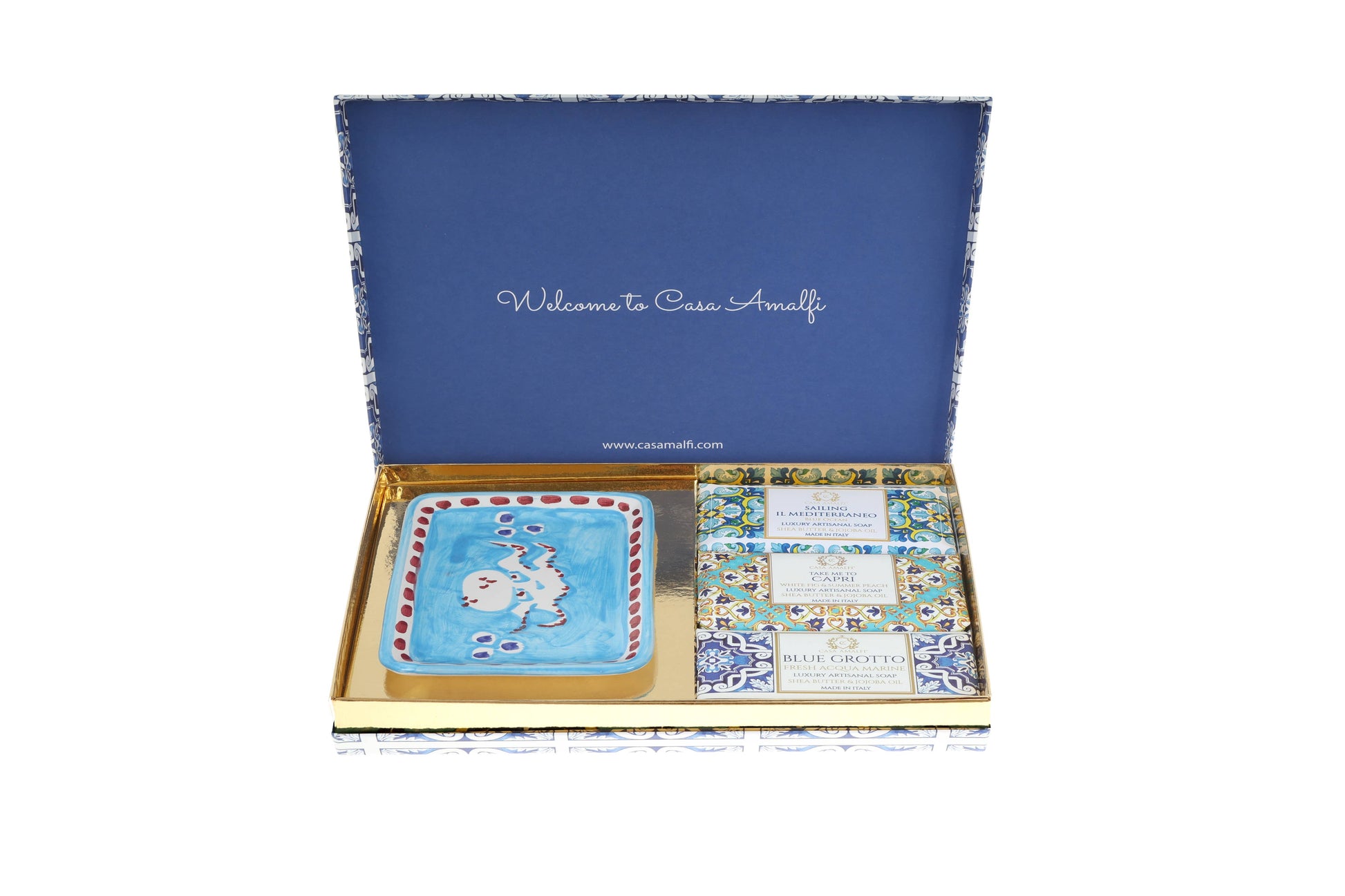Exclusive Maiolica gift box containing three blue and white themed Italian soaps and a hand-painted ceramic soap dish from the Amalfi Coast.