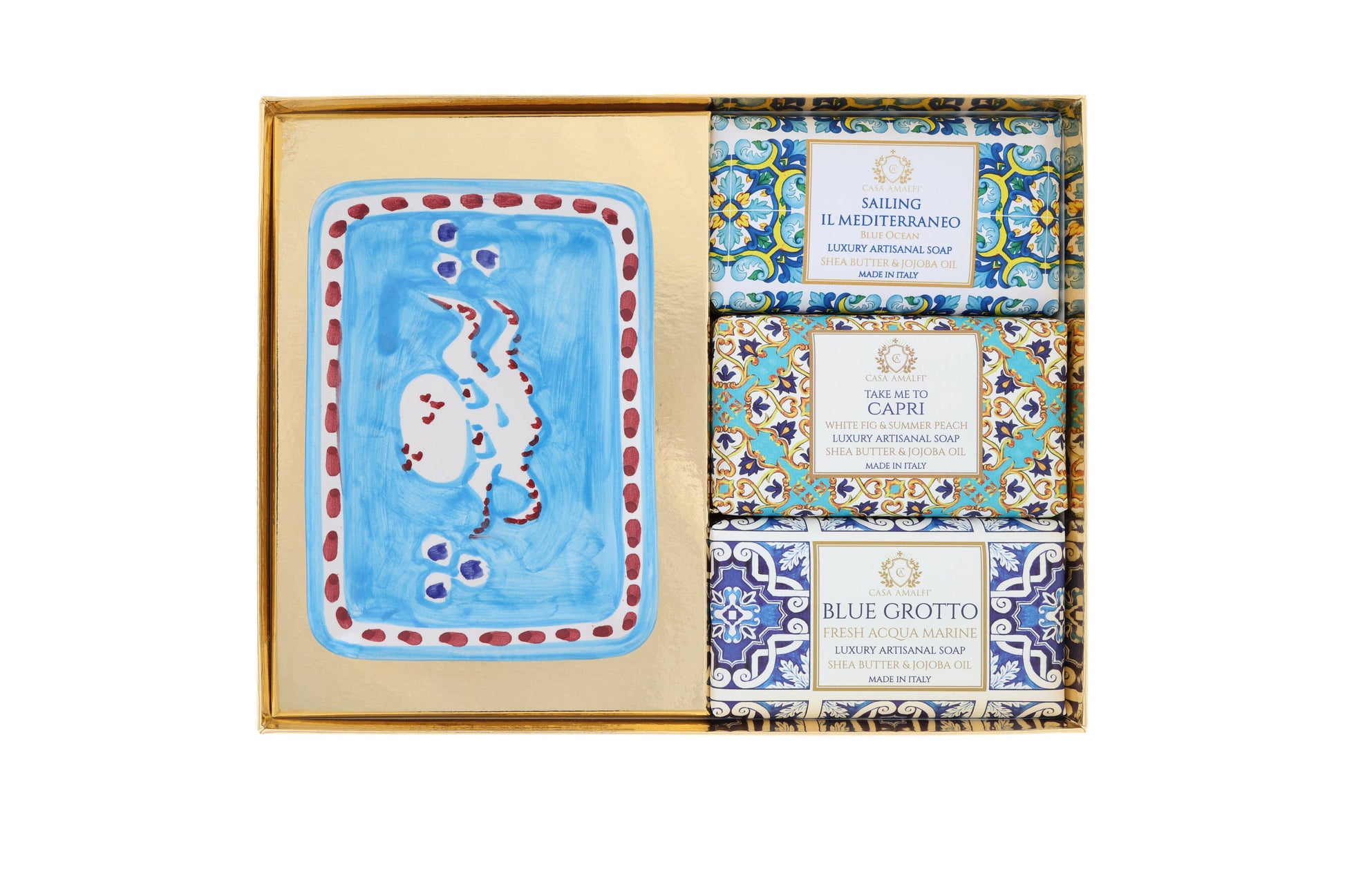 Exclusive Maiolica gift box containing three blue and white themed Italian soaps and a hand-painted ceramic soap dish from the Amalfi Coast.