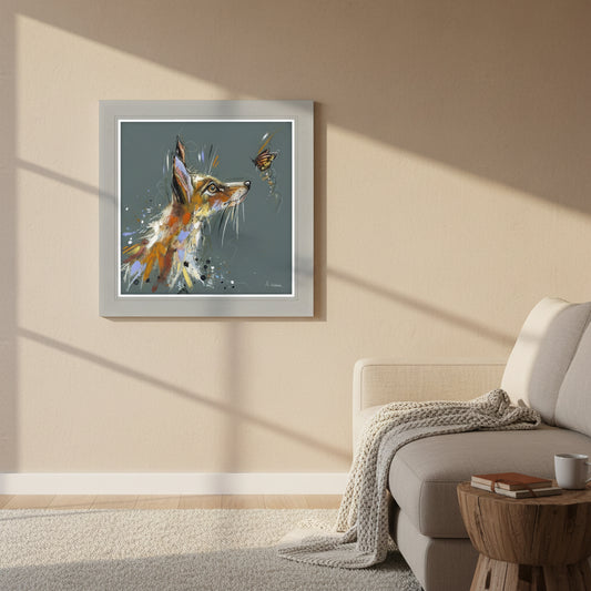Framed artwork of a fox on a wall in a living room