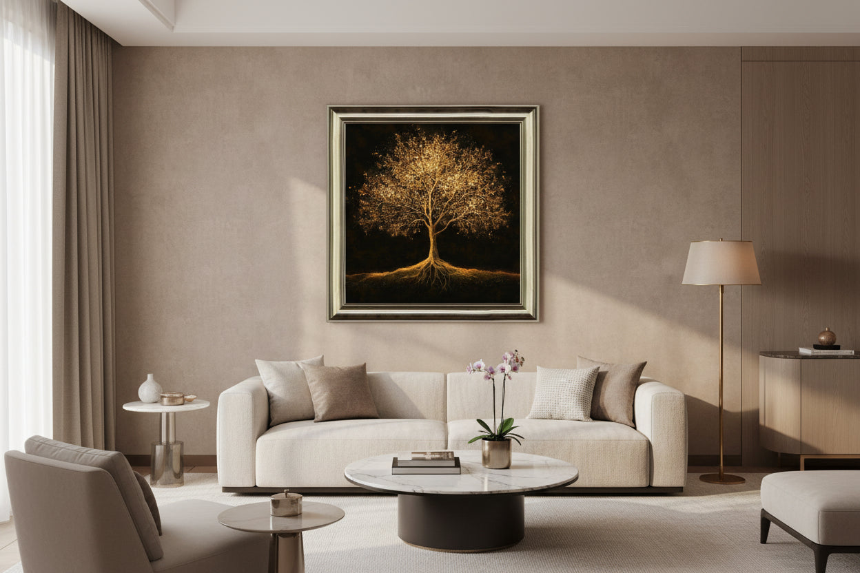 Neutral living room with beige sofas and a glowing golden tree painting on wall