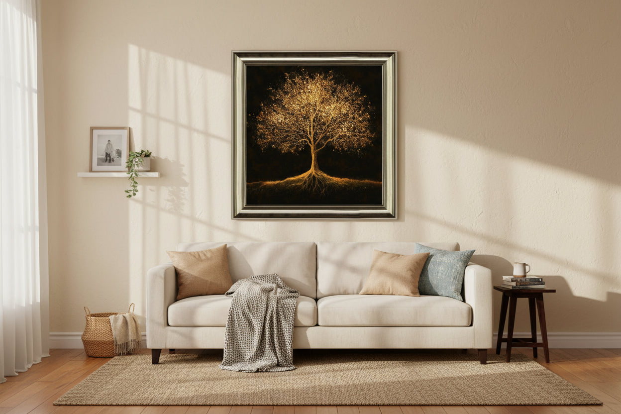 Beige living room with white sofa and glowing golden tree painting lit by afternoon sun.