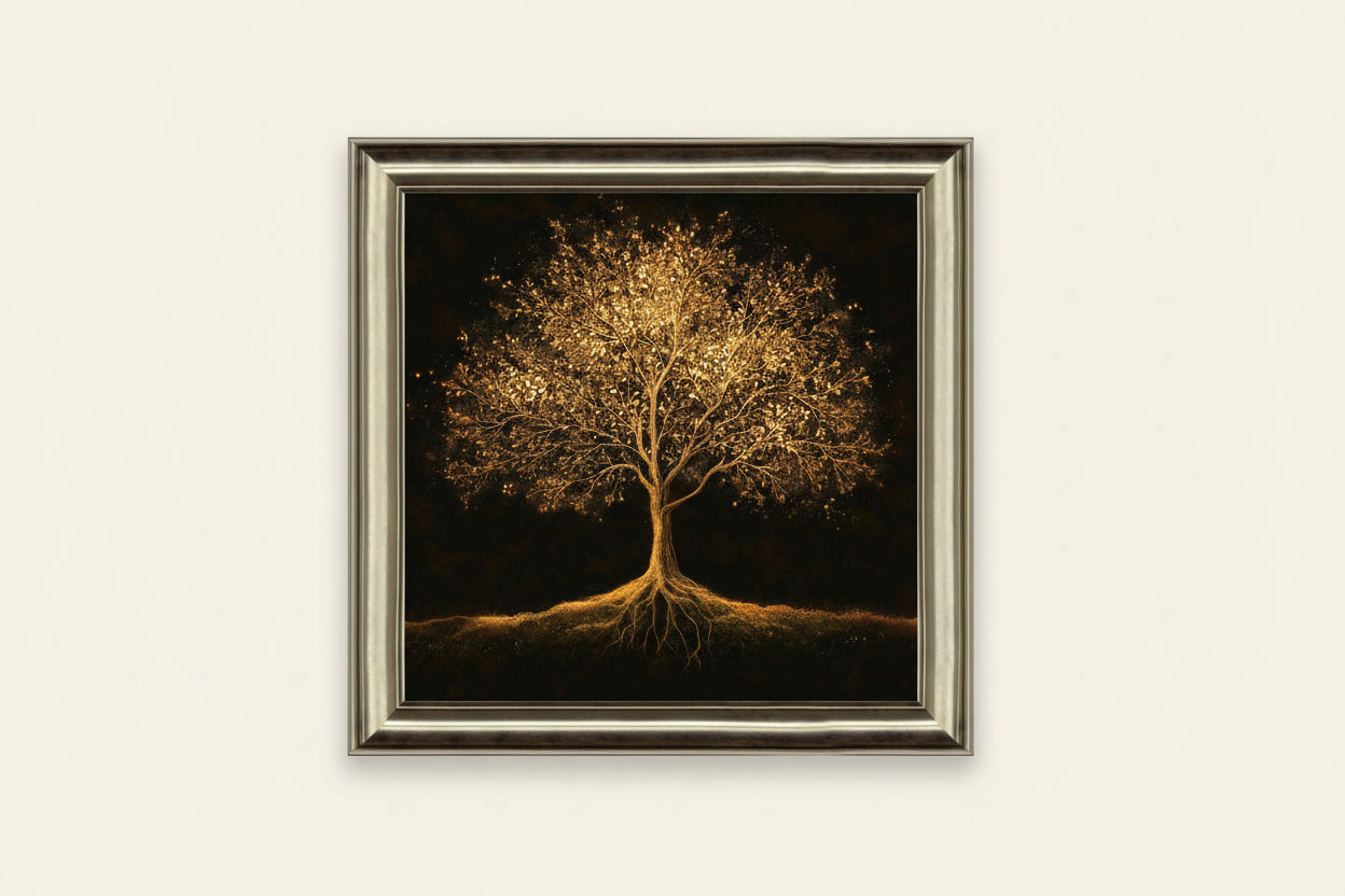 Framed painting of a glowing golden tree with visible roots on a dark background