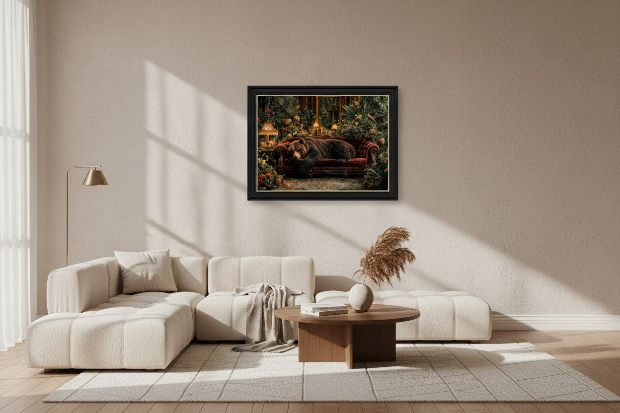 Bear lying on a red couch in a decorative room with flowers and lamps.