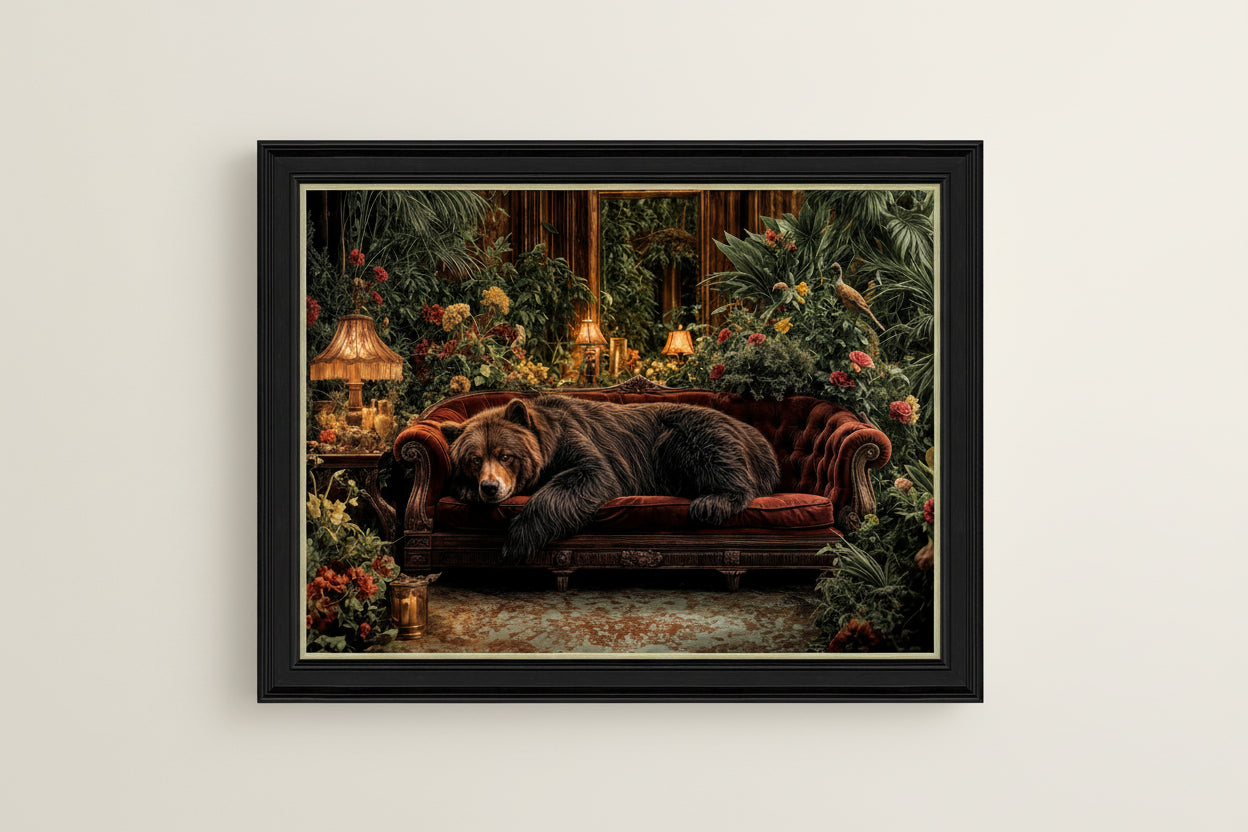 Bear lying on a red couch in a decorative room with flowers and lamps.