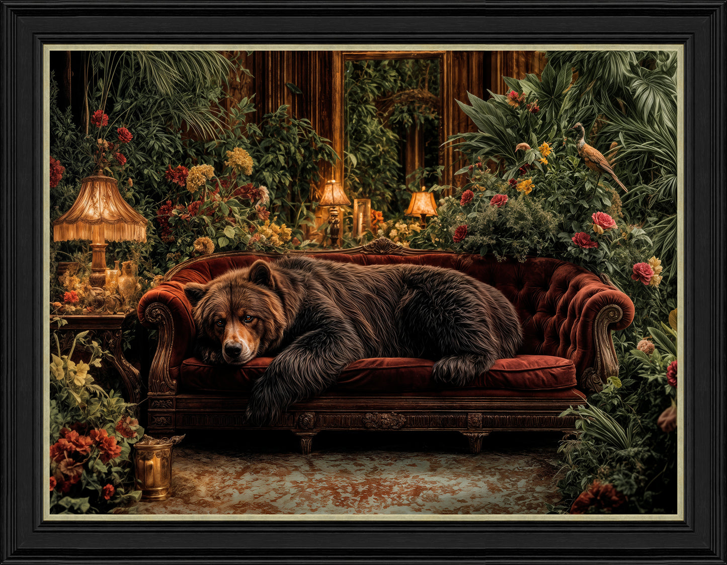 Lounging Bear on Scarlet Sofa Art Print
