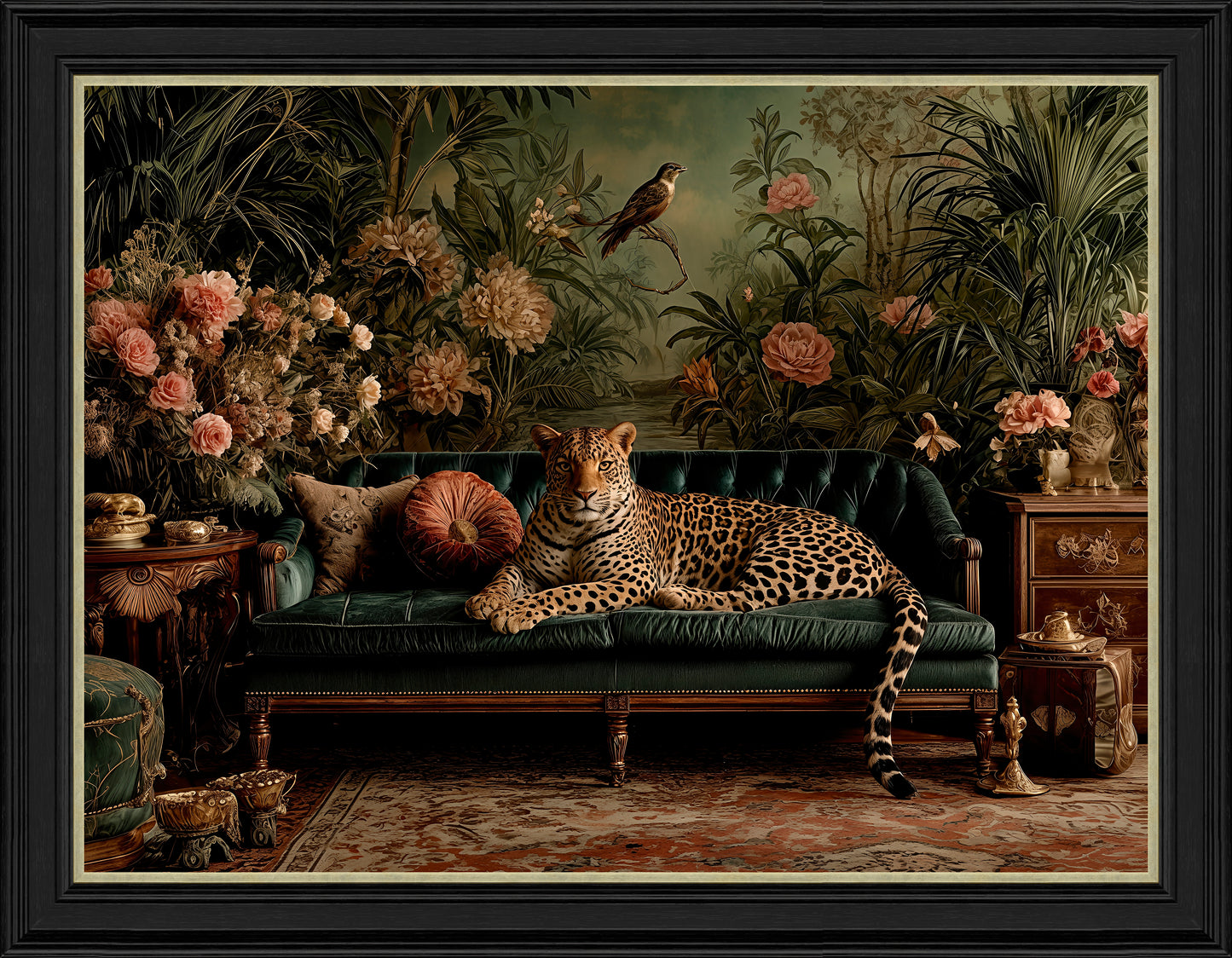 Leopard lounging on green velvet sofa in ornate floral room with dark wood furniture.