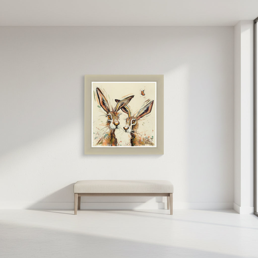 Artistic depiction of two hares with a butterfly on a beige background